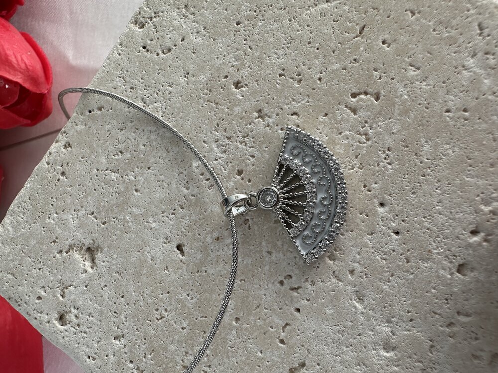 Silver Taşlı Yelpaze Kolye | Çelik