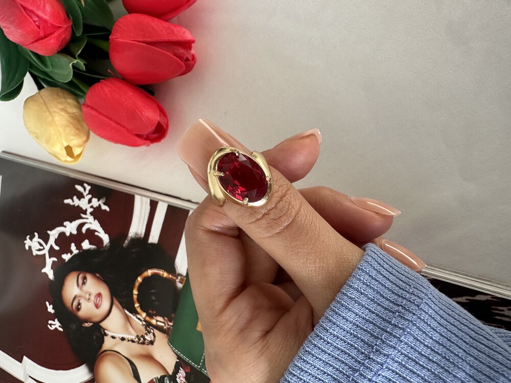 Vintage Kırmızı Kristal Yüzük | Pirinç