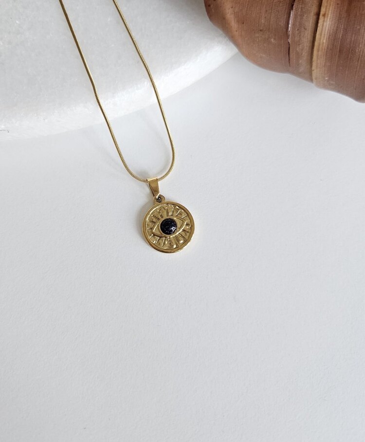 Vintage Black Stone Eye Kolye | Çelik