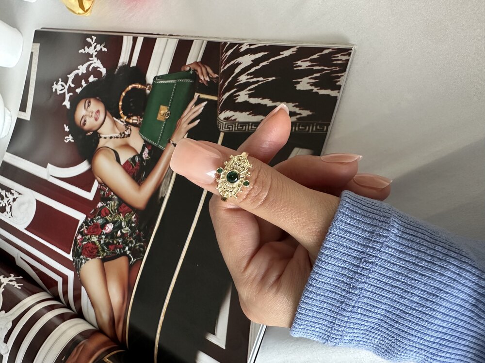 Vintage Bohem Zümrüt Taş Yüzük | Pirinç