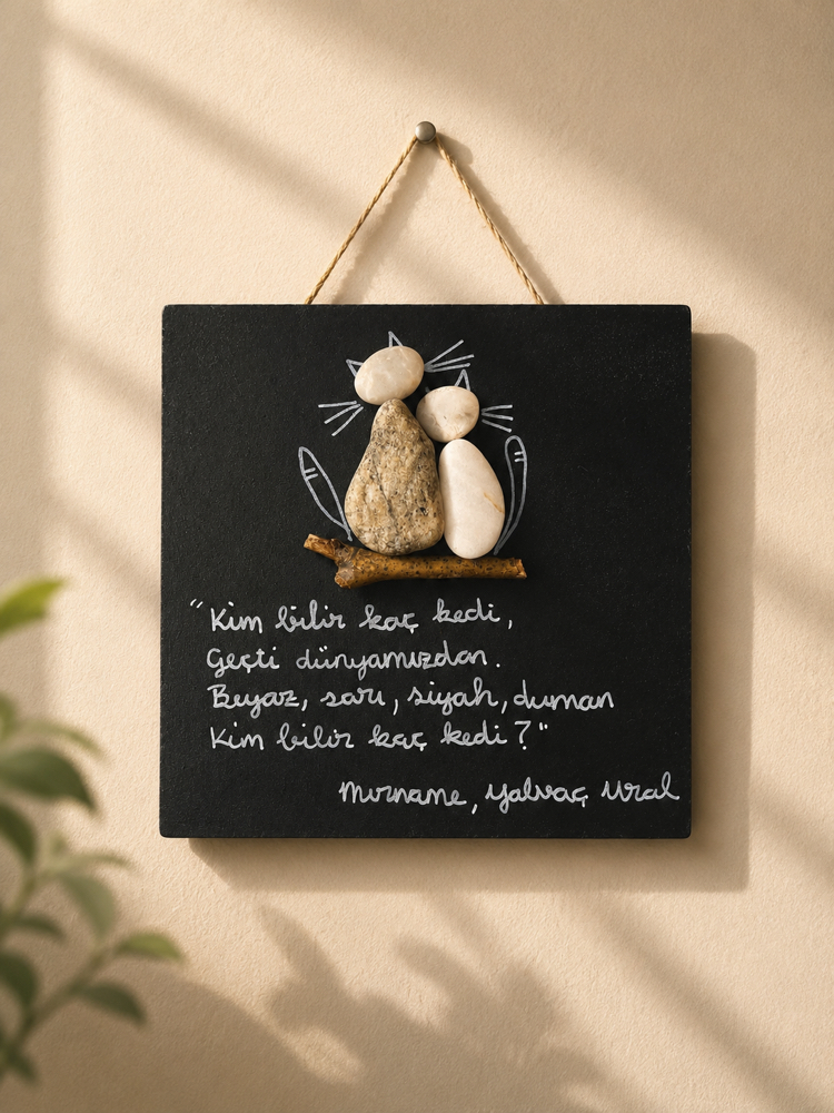 Kedi edebiyatlı "pebble art" tablo
