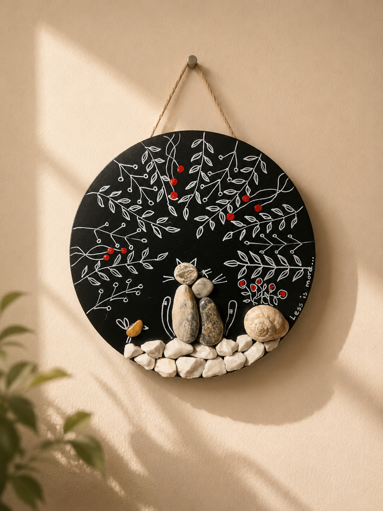 Kedi edebiyatlı "pebble art" tablo