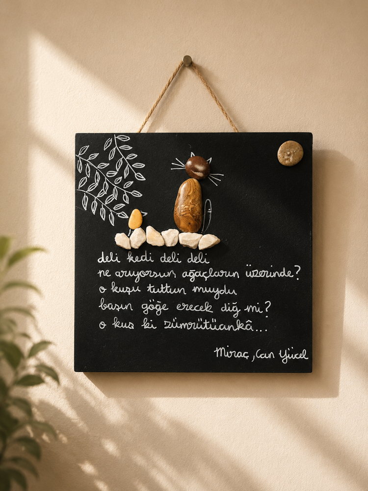 Kedi edebiyatlı "pebble art" tablo