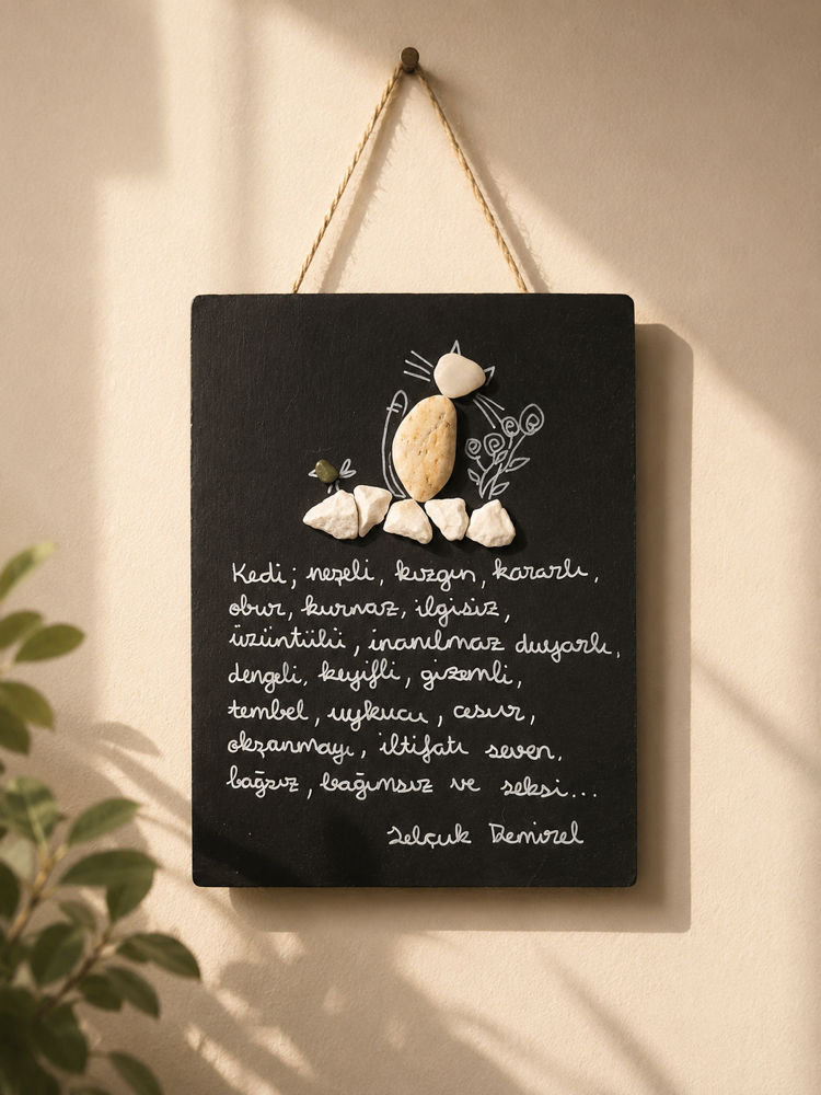 Kedi edebiyatlı "pebble art" tablo