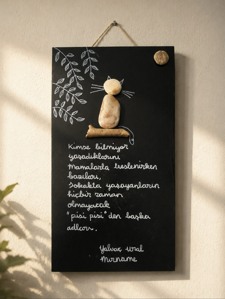 Kedi edebiyatlı "pebble art" tablolar