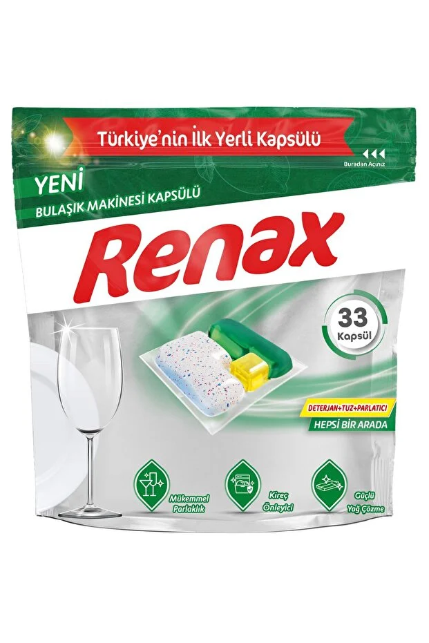 RENAX Bulaşık Makinesi Kapsülü Hepsi Bir Arada 33'lü Güçlü Temizlik ve Ekstra Parlaklık