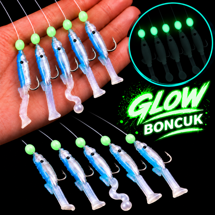 ea genset Silikon Balıklı Çapari 3.5 Cm (2 Adet) Silikon At Çek Takımı Mavi Glow Boncuklu