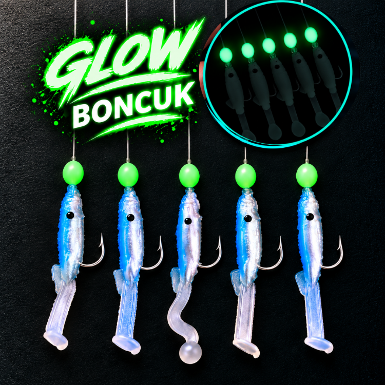 ea genset Silikon Balıklı Çapari 3.5 Cm (2 Adet) Silikon At Çek Takımı Mavi Glow Boncuklu