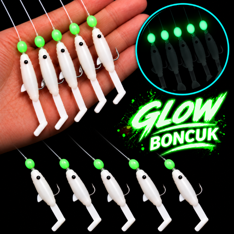 ea genset Beyaz Silikon Balıklı Çapari 5 Cm (2 Adet) Silikon At Çek Takımı Glow Boncuklu