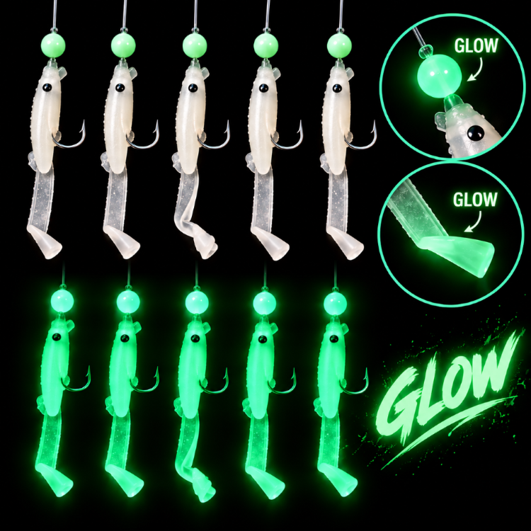 ea genset Silikon Balıklı Çapari 3.5 Cm (2 Adet) Silikon At Çek Takımı Glow Şeffaf Yeşil