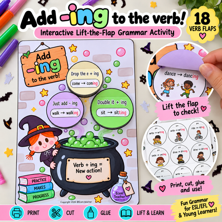 Halloween -ING Verbs Activity | Add ING to Verbs | Lift the Flap Grammar Craft