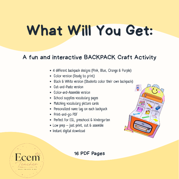 Foldable Backpack Craft | School Supplies Vocabulary Activity | Back to School Printable