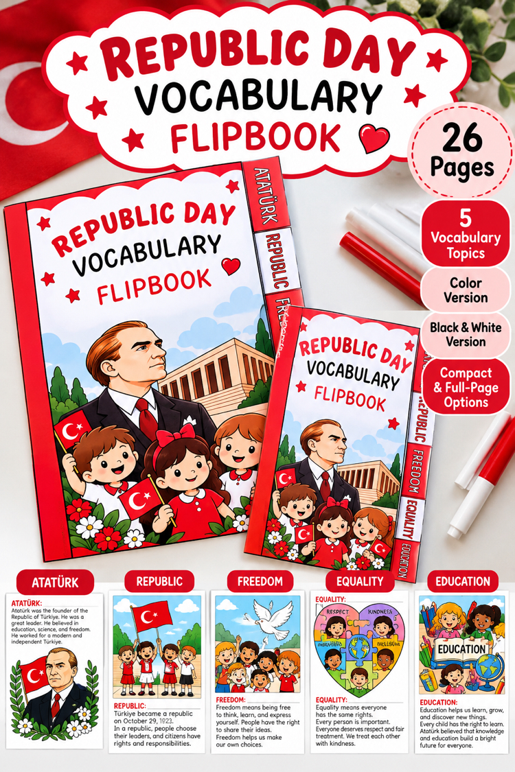 29 Ekim Cumhuriyet Bayramı Vocabulary Flipbook | Renkli & Siyah-Beyaz