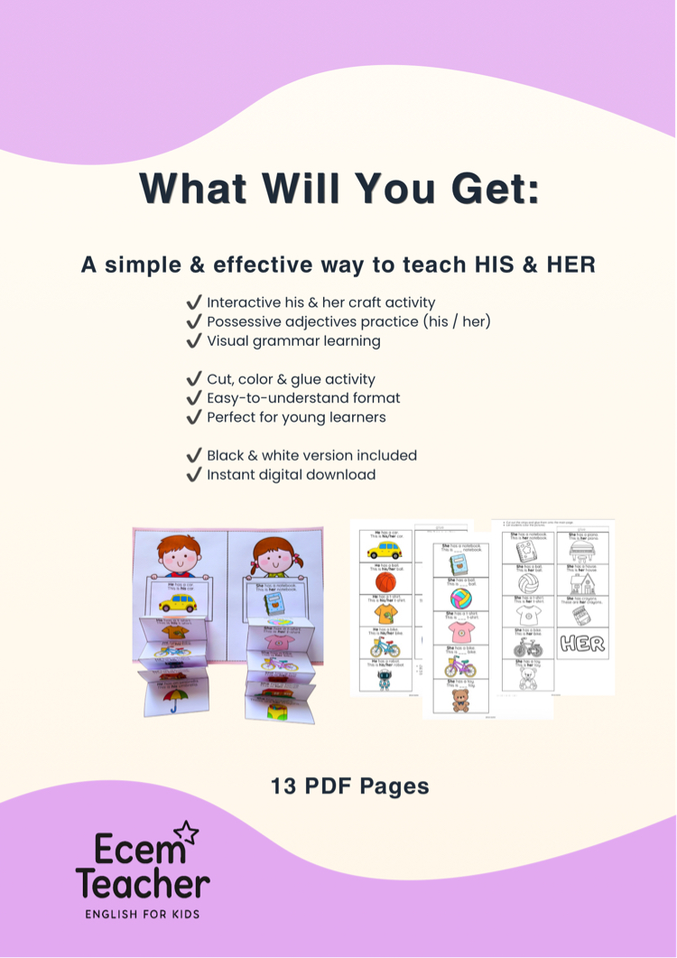 His or Her Activity | Possessive Adjectives Grammar Craft (Printable PDF)