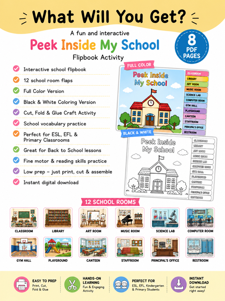 Peek Inside My School Flipbook | School Rooms Craft | Back to School Printable