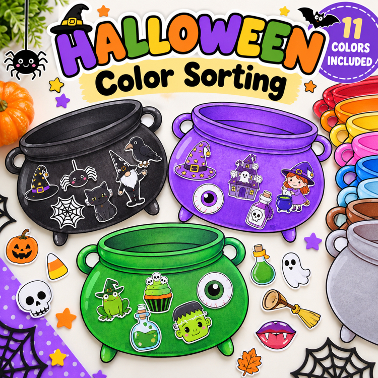 Halloween Color Sorting Activity | 11 Colors Sorting Game | Halloween Cauldron Printable