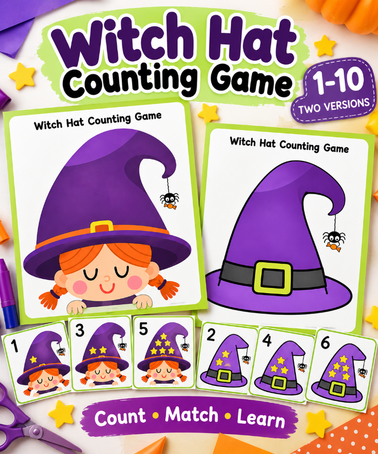 Halloween Counting Activity 1-10 | Witch Hat Counting Game | Number Matching Cards | Preschool Kinde