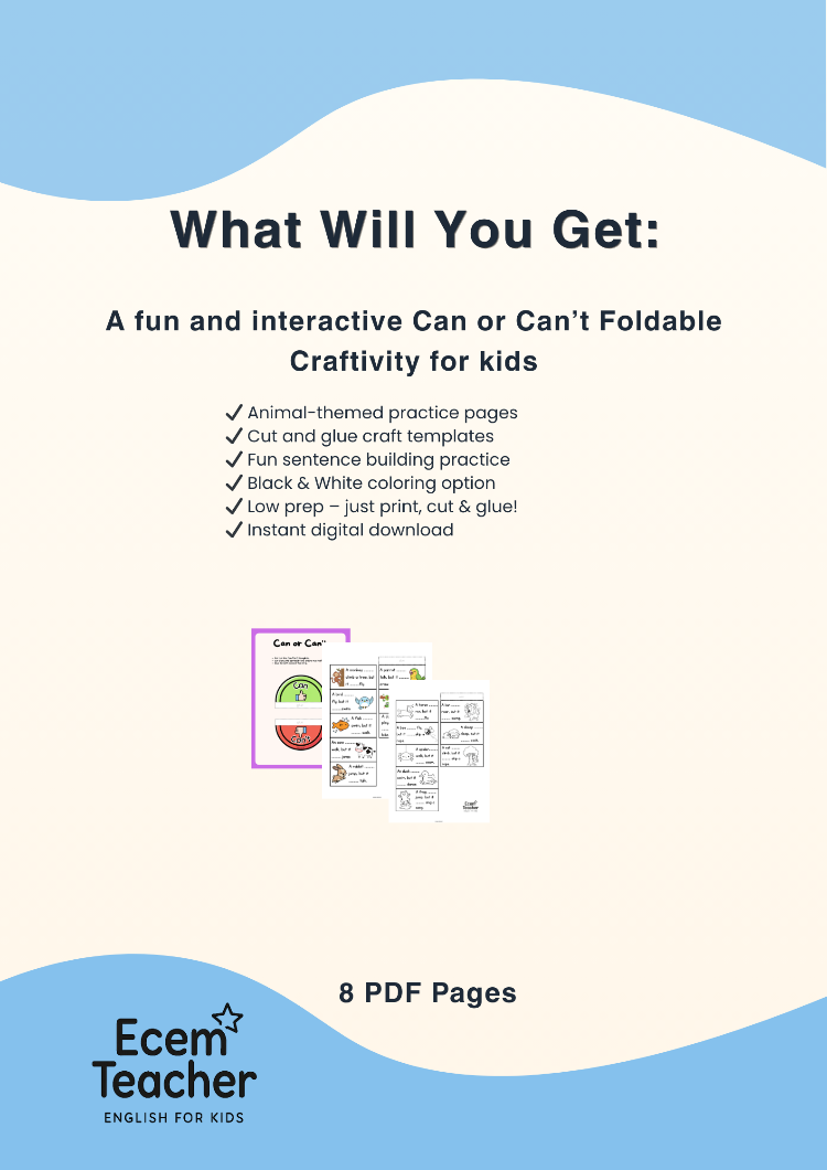 Can and Can’t Activity | ESL Grammar Craft | Interactive Foldable for Kids