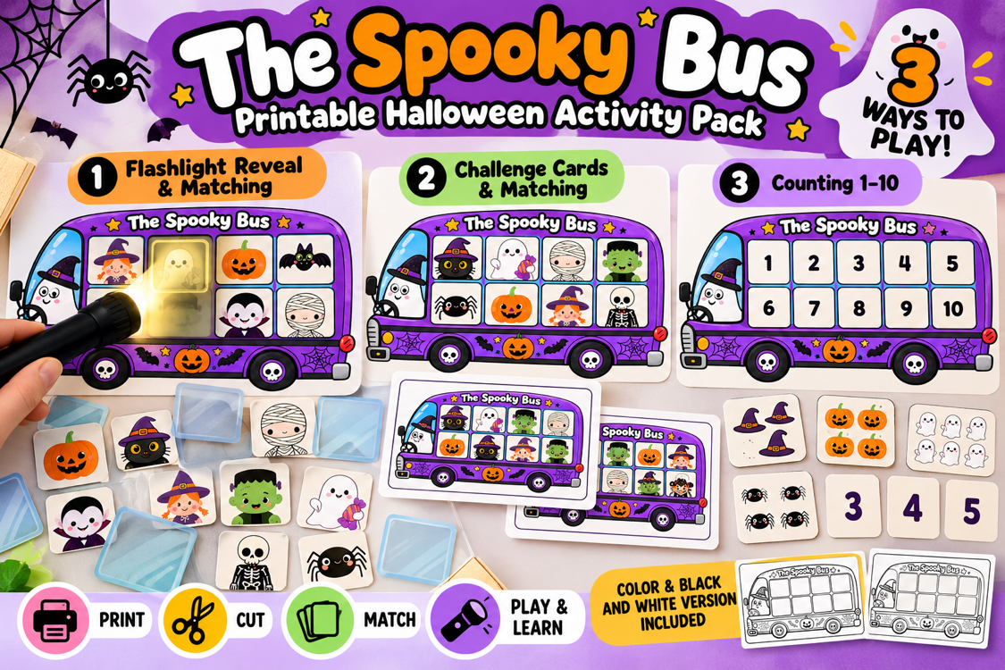 Halloween Spooky Bus Activity, Flashlight Matching Game, Halloween Counting 1-10