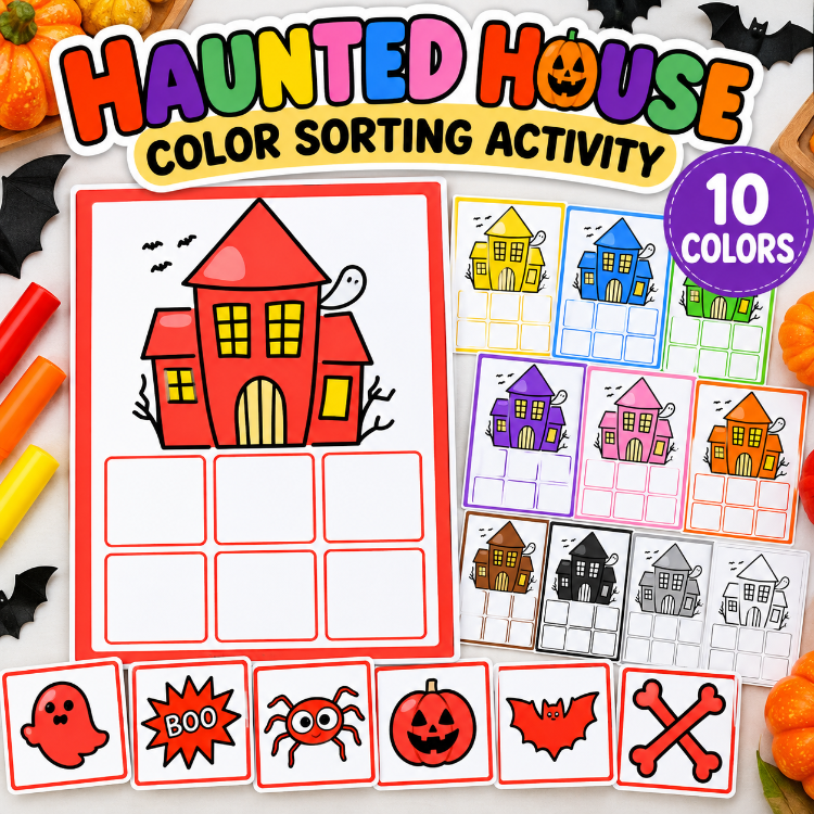 Halloween Color Sorting Activity | Haunted House Preschool Printable | 10 Colors Matching Game 