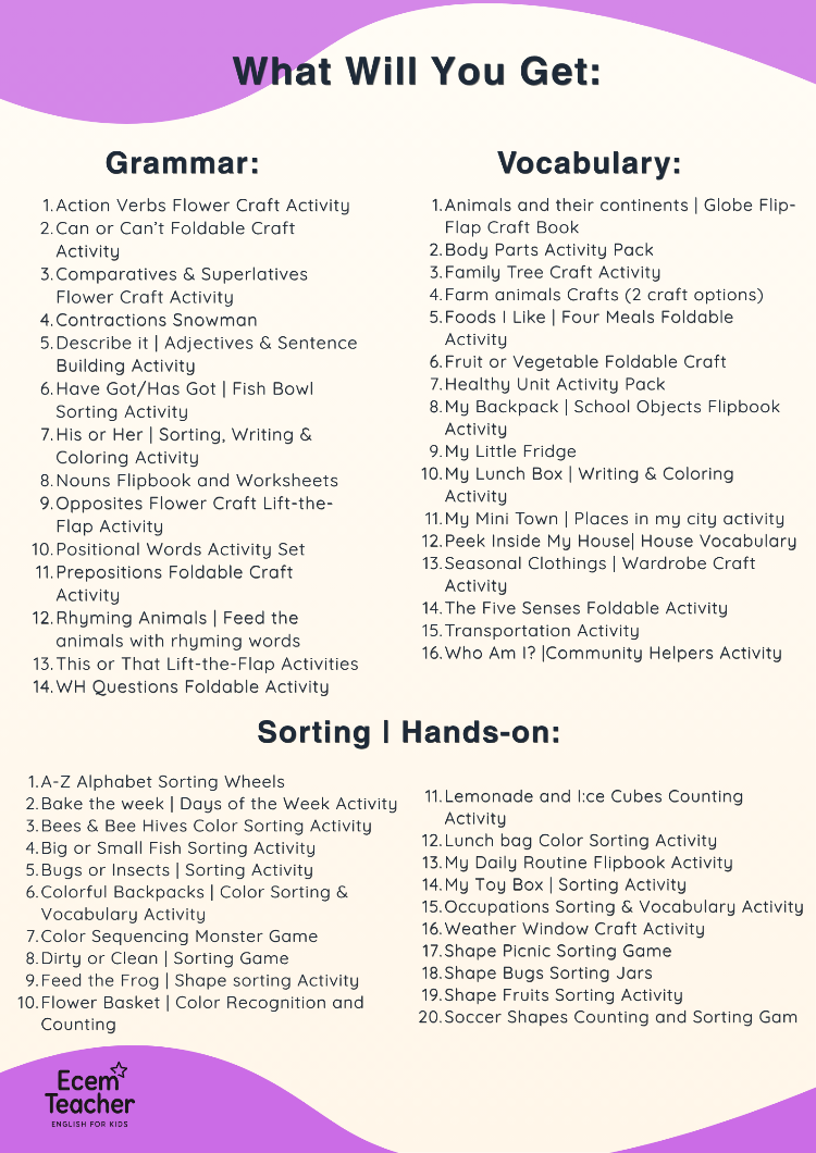 INTERACTIVE ESL RESOURCE LIBRARY 50 Printable Activities & Crafts for Preschool, Kindergarten &a