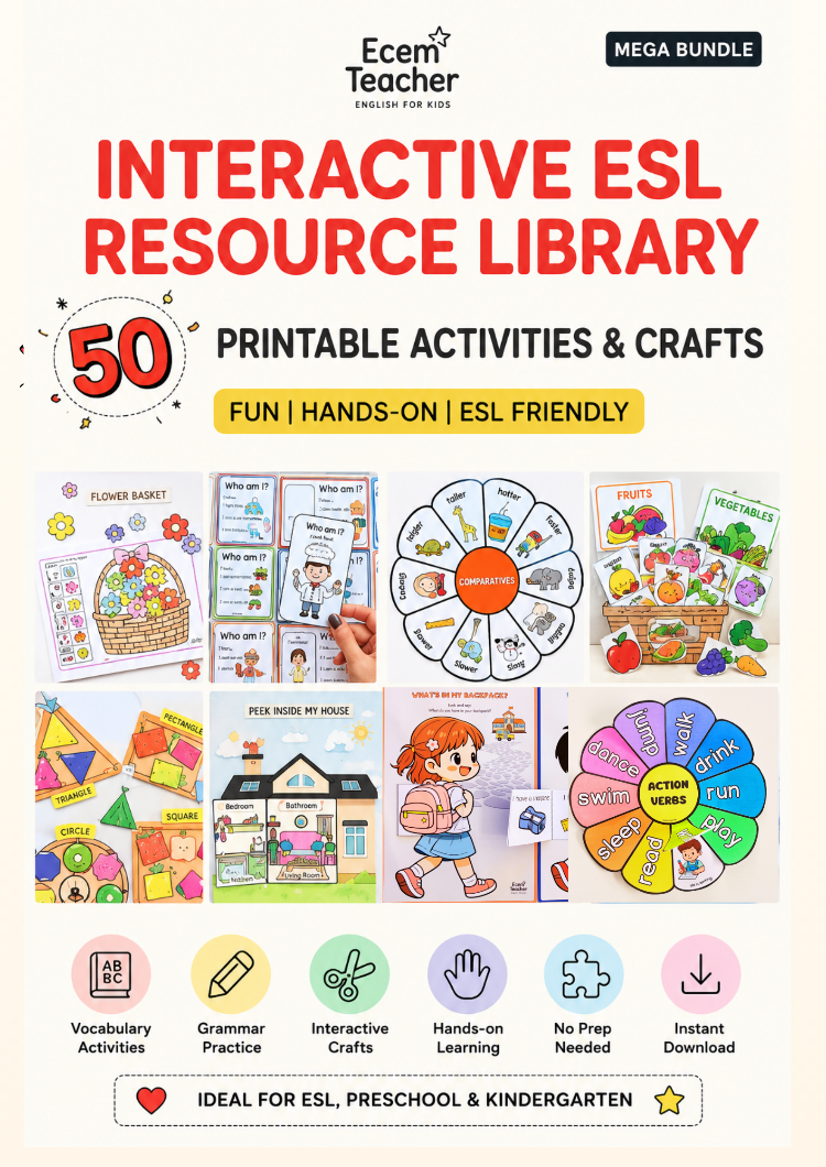 INTERACTIVE ESL RESOURCE LIBRARY 50 Printable Activities & Crafts for Preschool, Kindergarten &a
