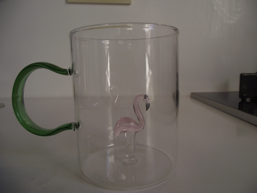 Isıya dayanıklı Flamingo objeli borosilikat 420 ml cam kupa