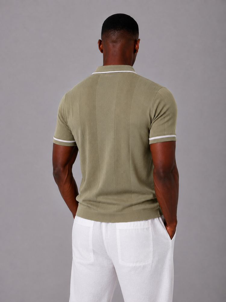 Polo Yaka Örgülü Fermuarlı Triko T-Shirt - Yeşil