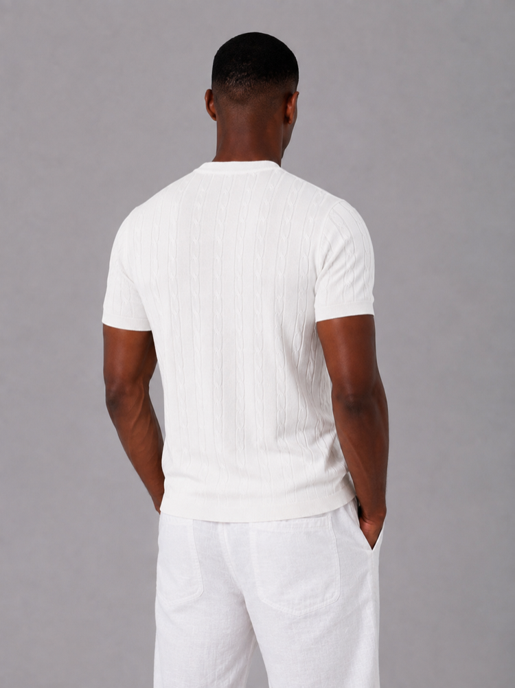 Örgü Desen Triko T-Shirt - Beyaz