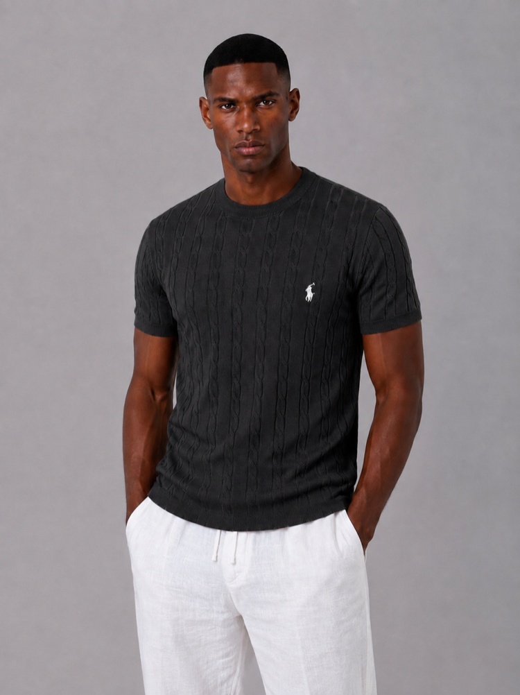 Örgü Desen Triko T-Shirt - Siyah