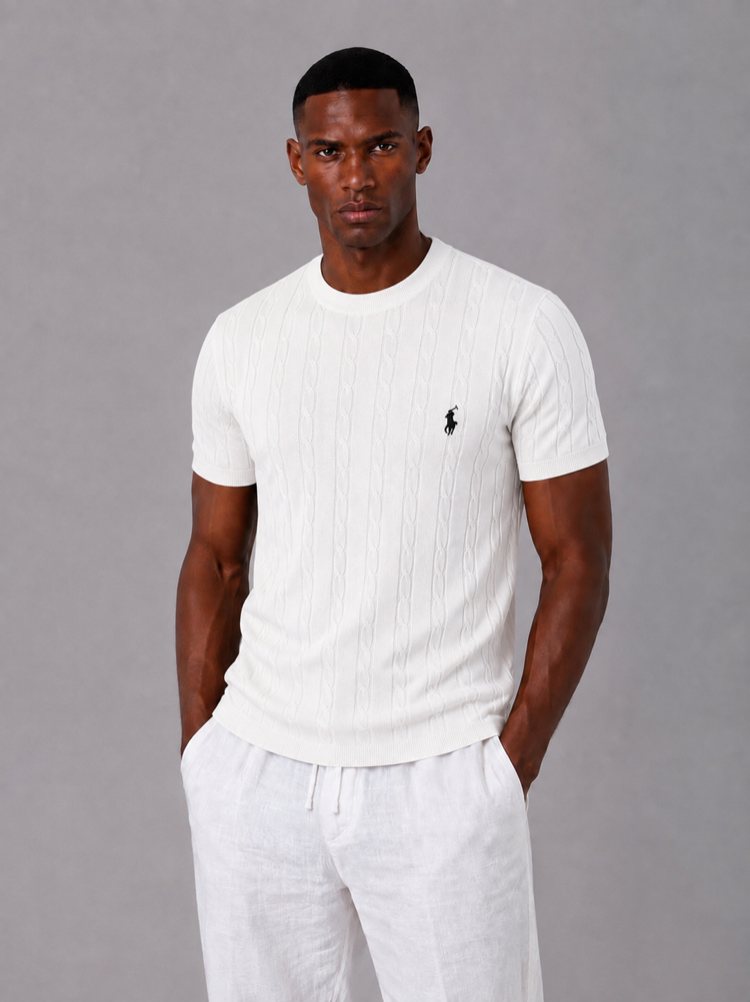 Örgü Desen Triko T-Shirt - Beyaz