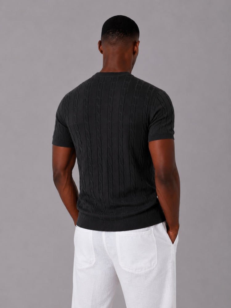 Örgü Desen Triko T-Shirt - Siyah