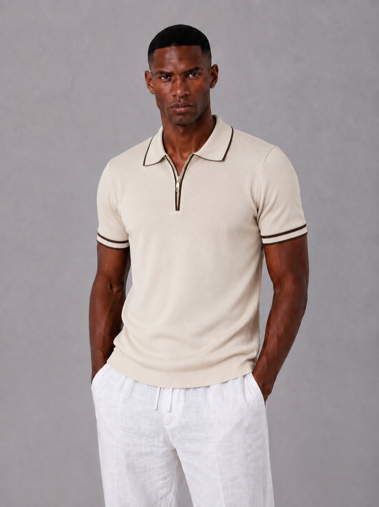 Polo Yaka Örgülü Fermuarlı Triko T-Shirt