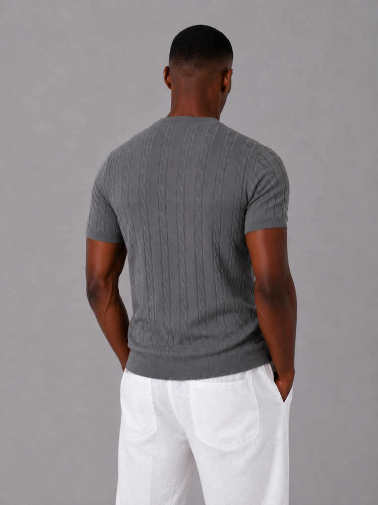 Örgü Desen Triko T-Shirt - Gri