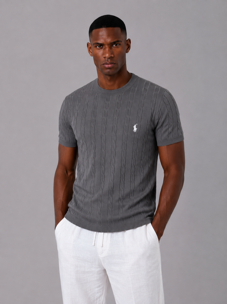 Örgü Desen Triko T-Shirt - Gri