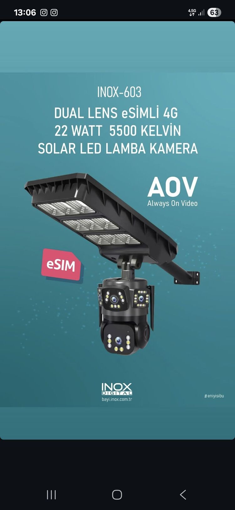 İNOX X106 Dual Lens E-Sim Kartlı  Solar Lamba ve Kamera