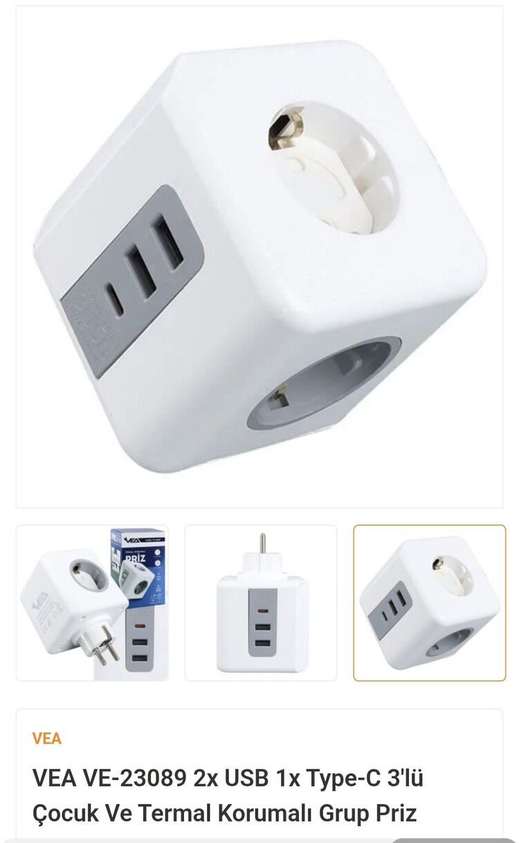 VEA VE-23089 2x USB 1x Type-C 3'lü Çocuk Ve Termal Korumalı Grup Priz