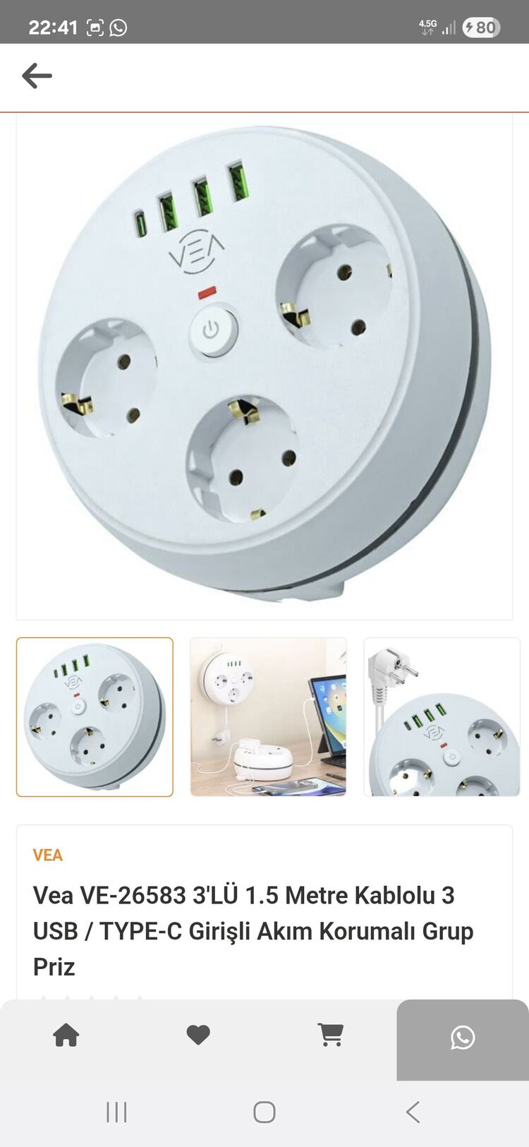 Vea VE-26583 3'LÜ 1.5 Metre Kablolu 3 USB / TYPE-C Girisli Akım Korumalı Grup Priz