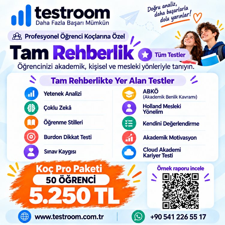 Tam Rehberlik – Koç Pro Paketi (50 Öğrenci) Profesyonel Öğrenci Koçlarına Özel: Testroom 