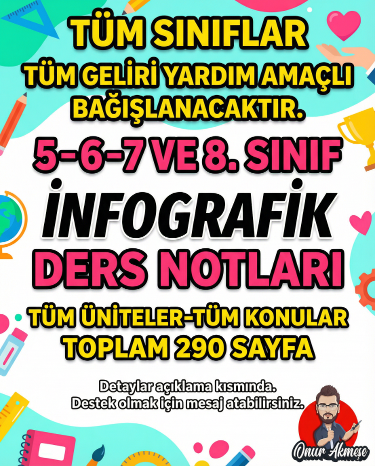 TÜM SINIFLAR İNFOGRAFİK DERS NOTLARI (5-6-7-8) TOPLAM 290 SAYFA / TÜM GELİR BAĞIŞ