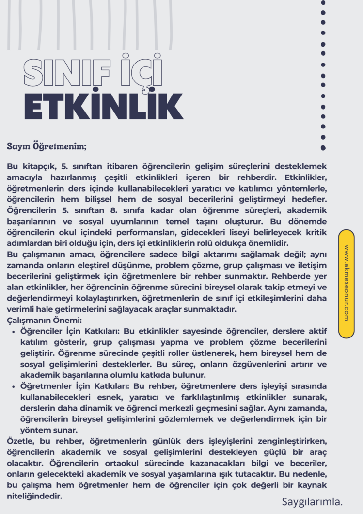 5. SINIF 1. ÜNİTE SINIF İÇİ ETKİNLİK ÖĞRETMEN KİTAPÇIĞI-22 FARKLI ETKİNLİK-61 SAYFA