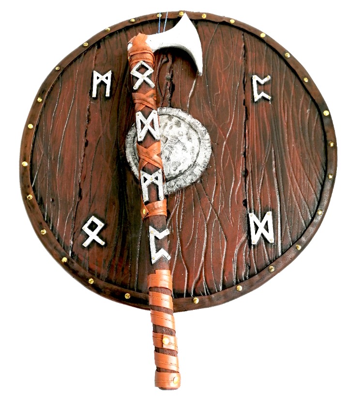 Rünlü Viking Kalkanı ve Balta Seti – El Yapımı Duvar Dekoru