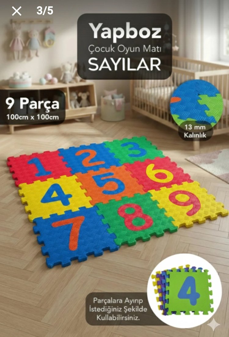EKİM TOYS 9 Parça Büyük Boy  13 mm Rakamlı Sayılı Eva Oyun Karosu Yer Matı Puzzle Yapbo