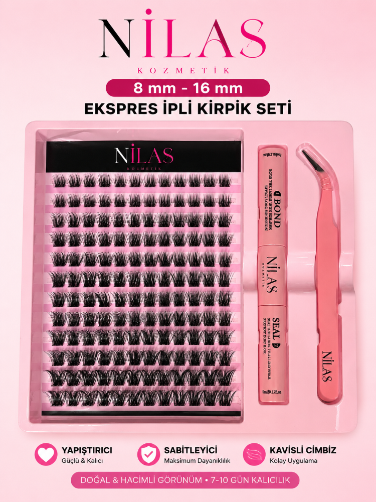 T50 Kirpik 8mm- 16mm Premium Takma Kirpik Seti / Cımbız-Yapıştırıcı-Sabitleyici Ful Set