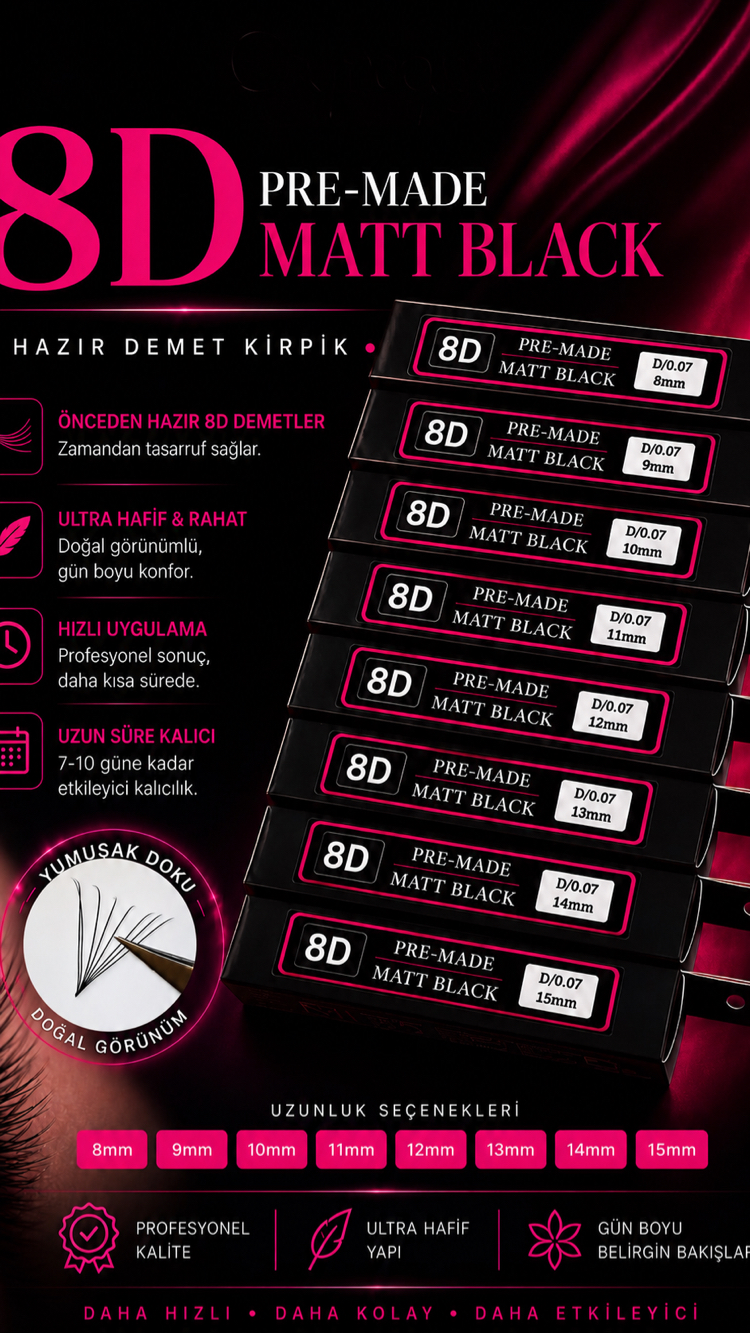 Hazır Demet İpek Kirpik 8D Rus Volume Turbo Fan 9mm D Kıvrım 0.07 600 Demet