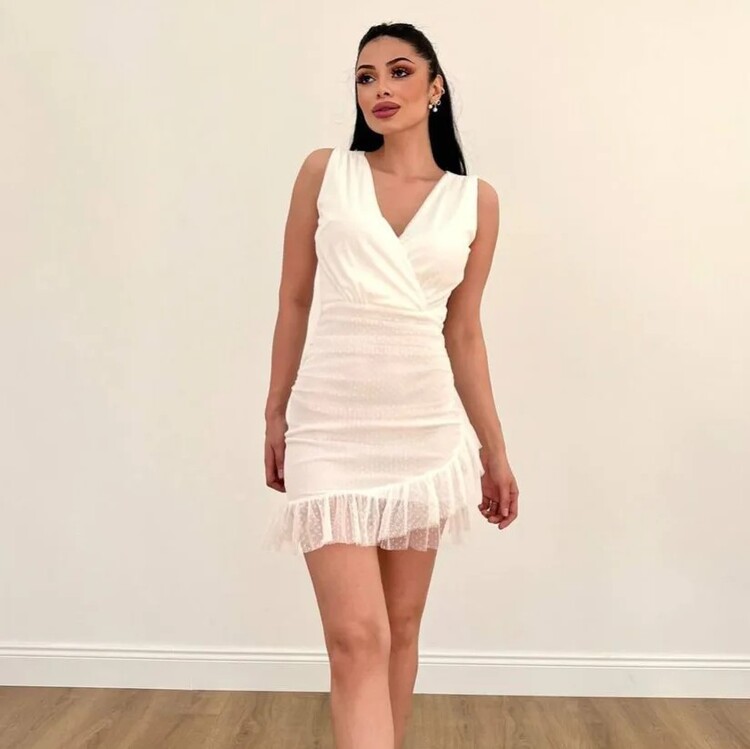 Puantiyeli mini şifon kumaş elbise
