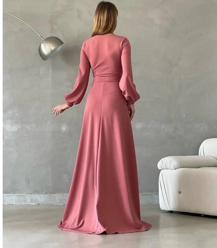 V yaka yırtmaçlı uzun kollu Maxi boy abiye elbise