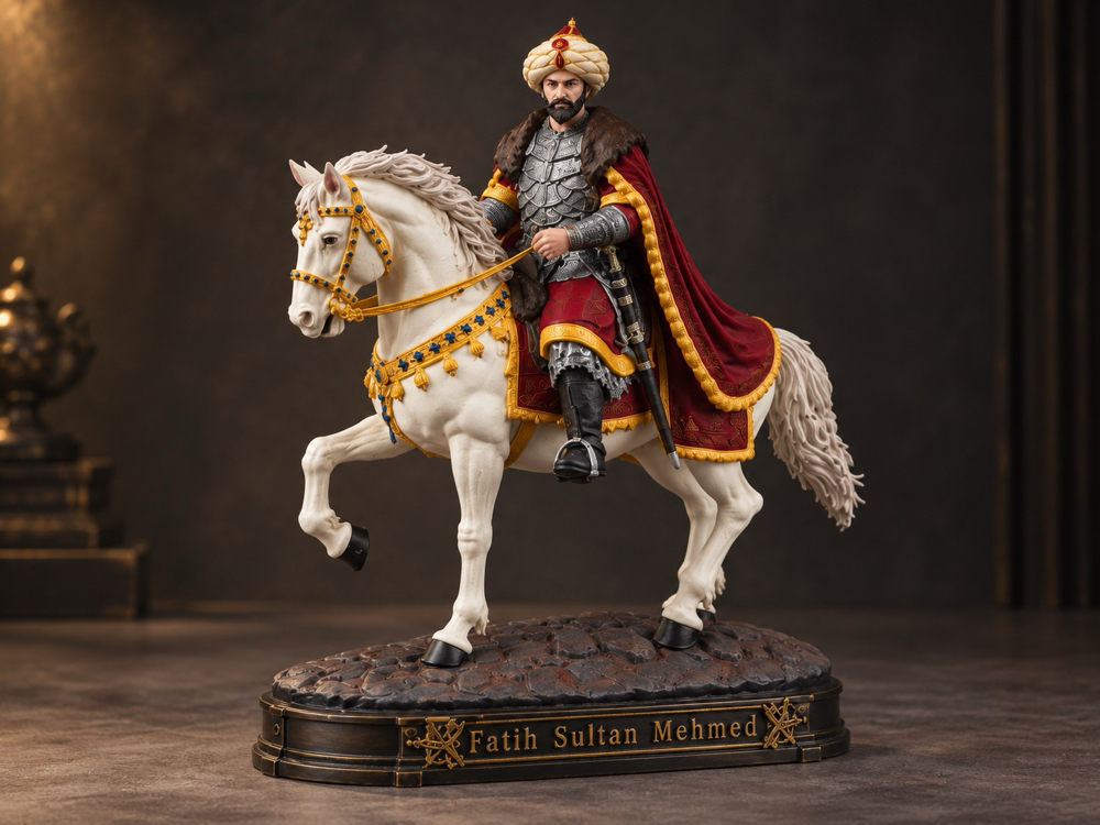 Fatih Sultan Mehmed Atlı Figür 35 cm – Kırmızı Kaftan