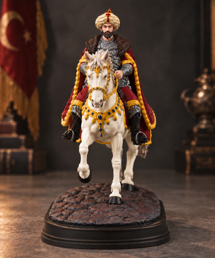 Fatih Sultan Mehmed Atlı Figür 35 cm – Kırmızı Kaftan