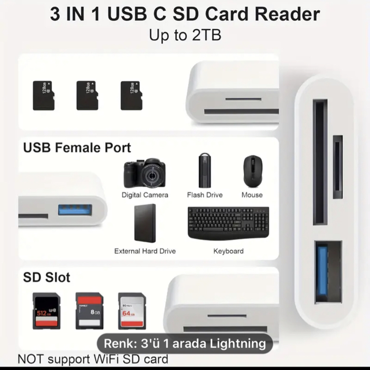 iPhone için hafıza kartı ve usb okuyucu